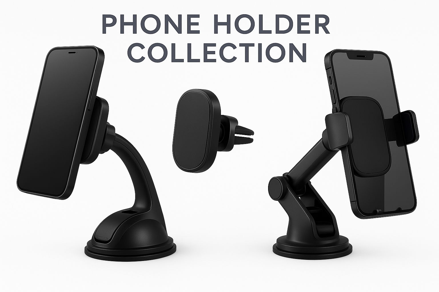 Mobile phone holders & stands: magnetic car dashboard mounts, air vent clips, 360° adjustable holders with suction cups, universal smartphone compatibility