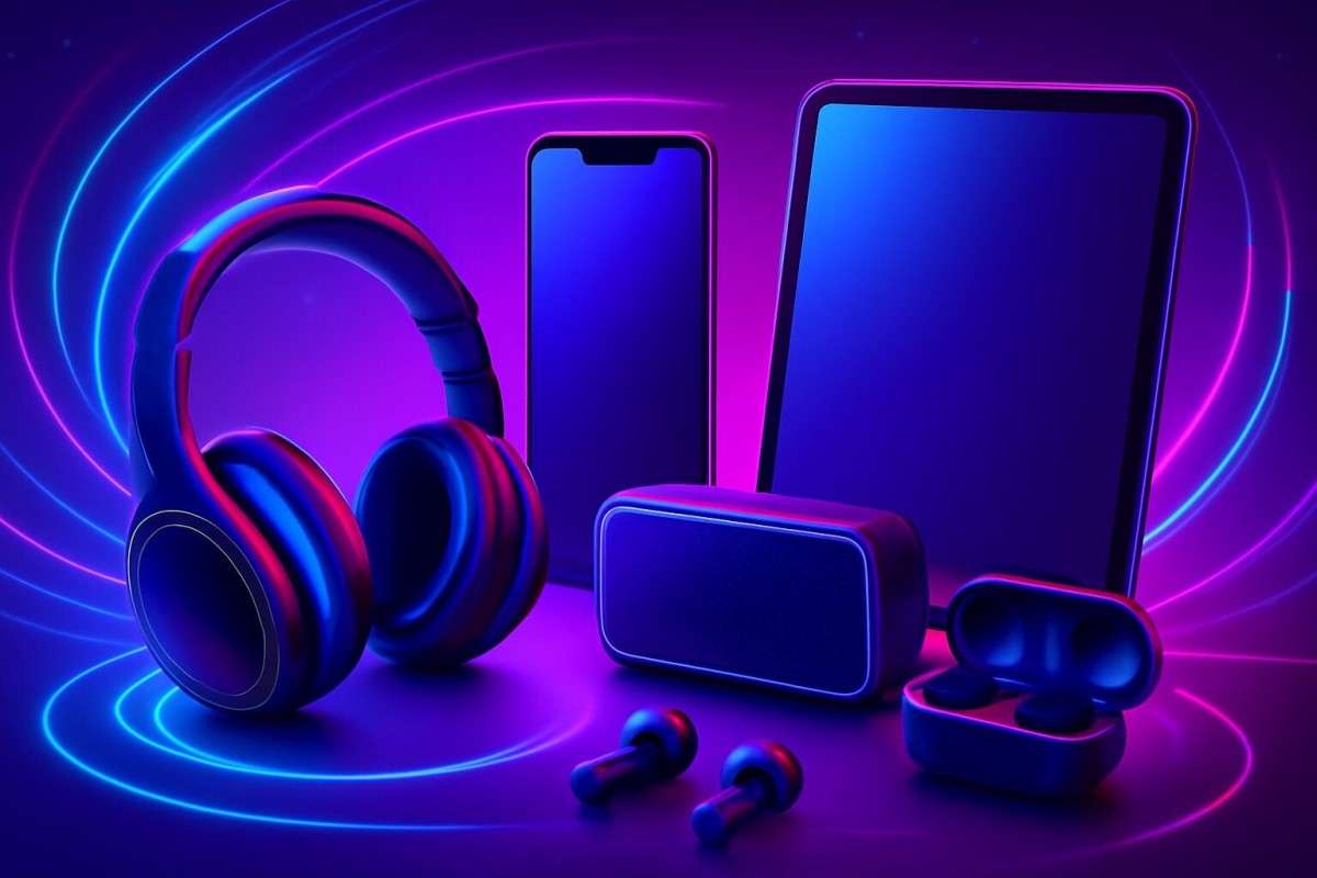 Mobile phone accessories, power banks, audio devices, earphones, headphones and smart gadgets on futuristic purple gradient background