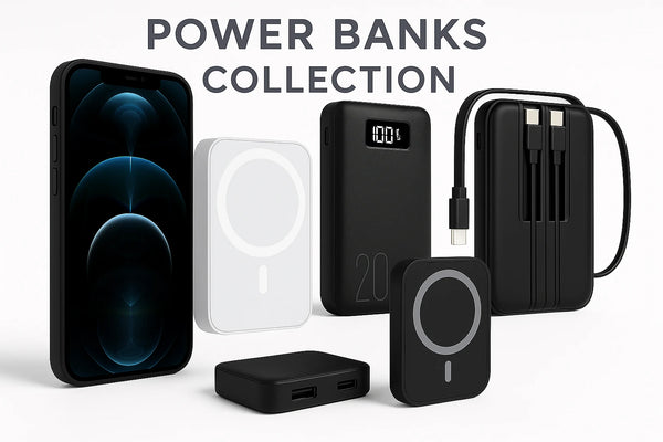 Power Banks collection: wireless charging cases, magnetic power banks, 20,000mAh portable chargers with built-in cables, compact fast-charging solutions for phones and tablets