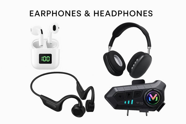 Earphones and headphones collection featuring wireless earbuds, sport headset, bone conduction headphones, and helmet headset on white background