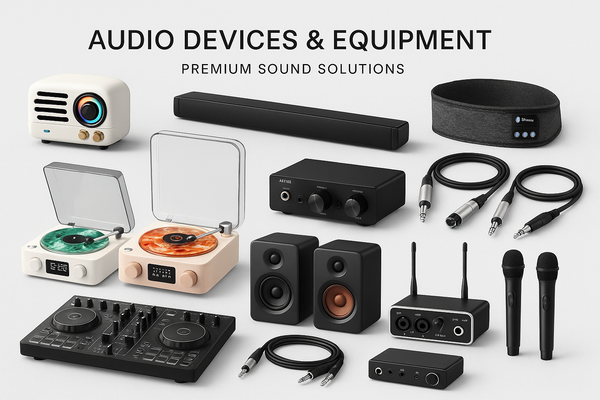Audio equipment collection with retro Bluetooth speakers, sleep headbands, turntables, amplifiers, studio monitors, and audio accessories on white background
