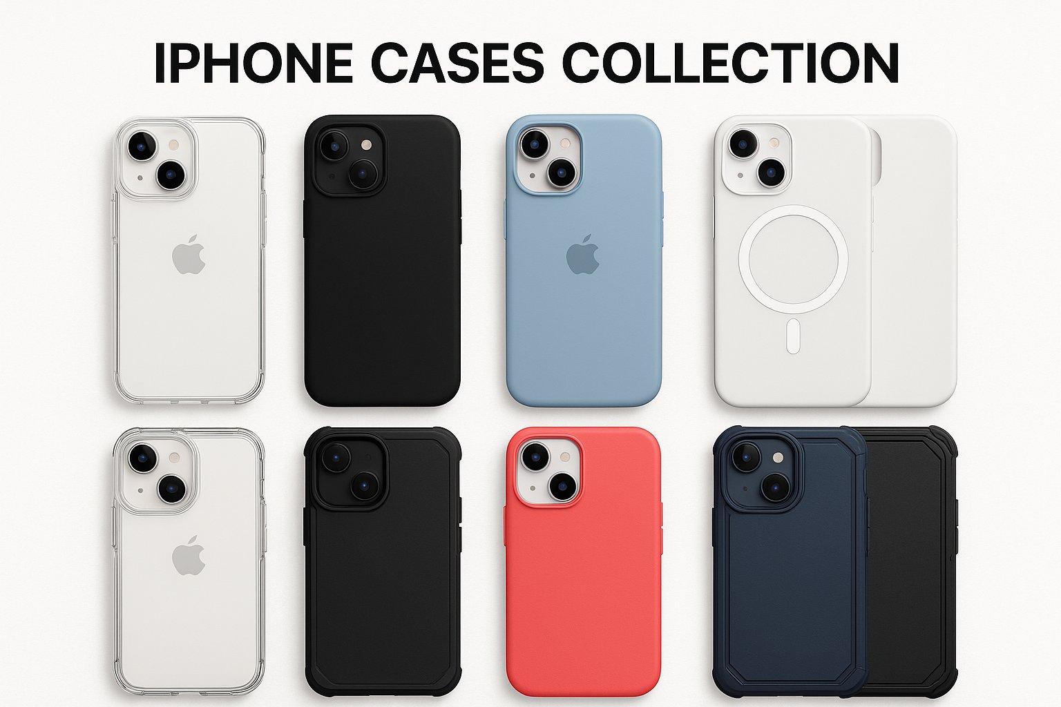 iPhone Cases Collection showing transparent MagSafe magnetic, carbon fiber, magnetic acrylic, triangular design, soft cases, shockproof, matte magnetic cover, transparent, and silicone cases in pink, cream, and mint green colors