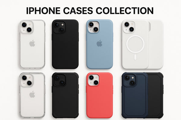 iPhone Cases Collection showing transparent MagSafe magnetic, carbon fiber, magnetic acrylic, triangular design, soft cases, shockproof, matte magnetic cover, transparent, and silicone cases in pink, cream, and mint green colors