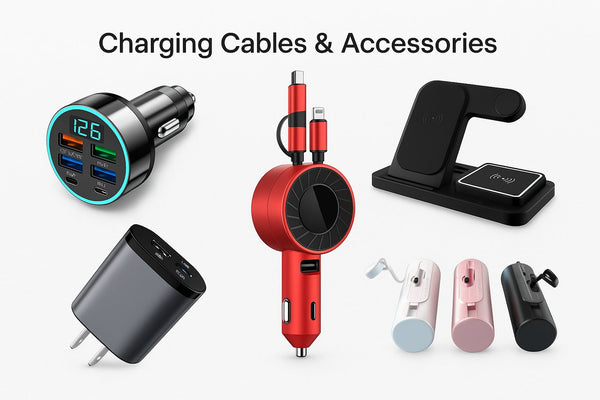 Charging cables and accessories collection featuring car chargers, retractable cables, wireless charging station, wall charger, and power bank on white background
