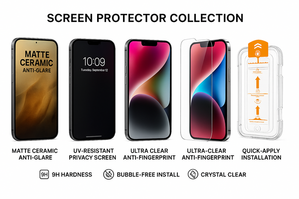iPhone screen protector collection showing 5 different protector types with 9H hardness, bubble-free install, and crystal clear features