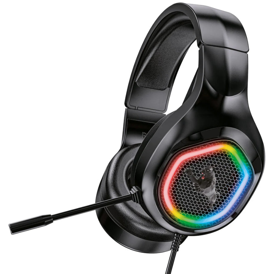 Panther Force PF142 gaming headset showing sleek black design and RGB lighting