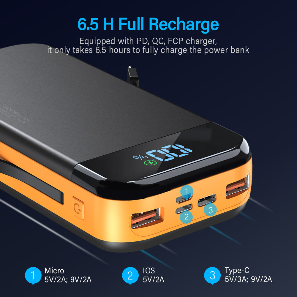 Voltique Hub 19,000mAh Power Bank with 2 Built-in Cables & Digital Display | 22.5W Super Fast Charging | for iPhone  | Fast USA Shipping