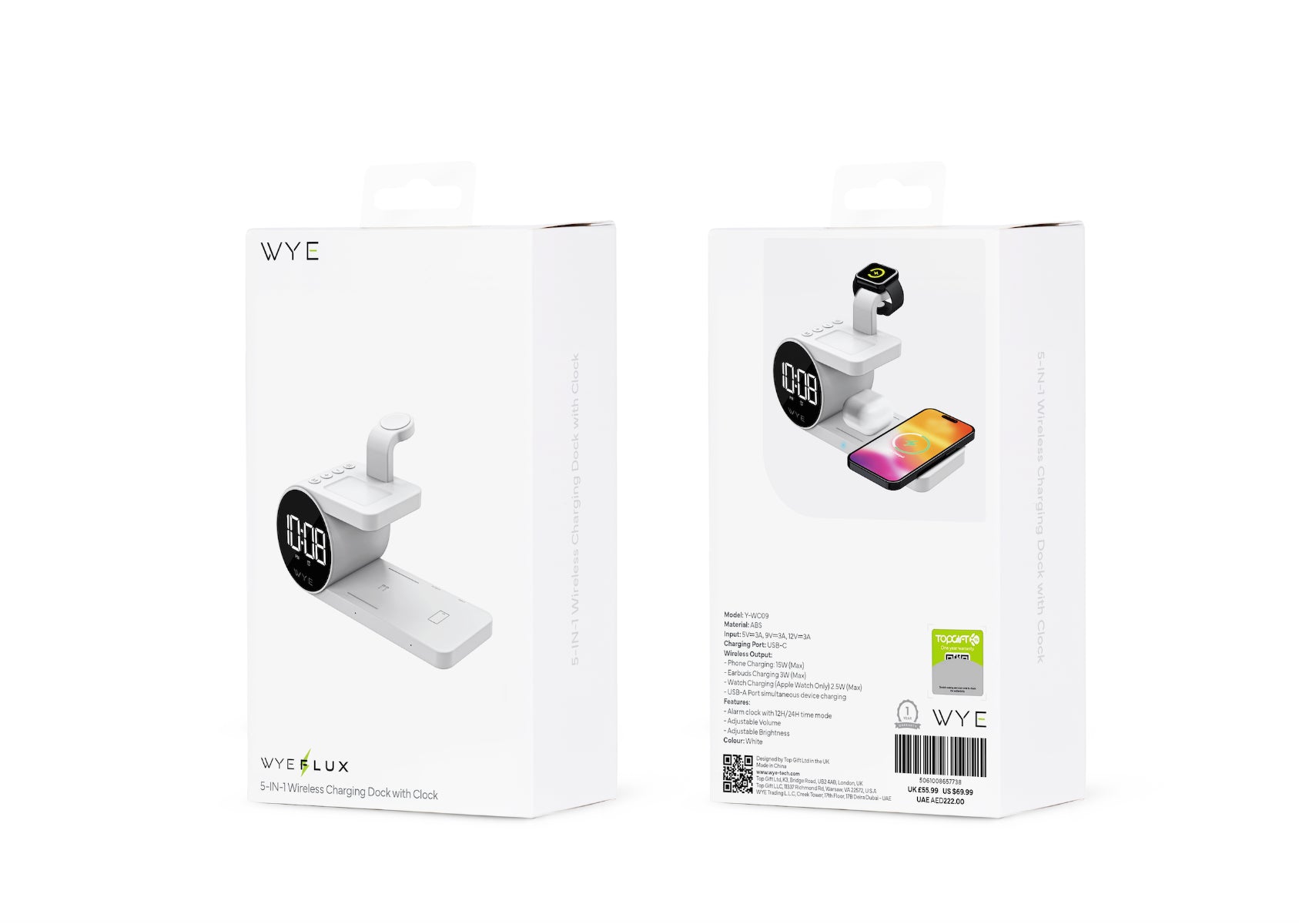 WYEFLUX 5-in-1 Wireless Charging Dock with Digital Clock | 15W Fast Charging for Phone, Watch & Earbuds | Fast 2-5 Day UK Delivery
