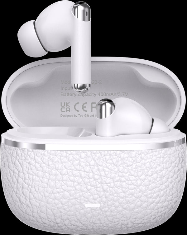 Studio shot of open white WYE ProSound wireless earbuds case on a reflective surface, showing a mirrored image