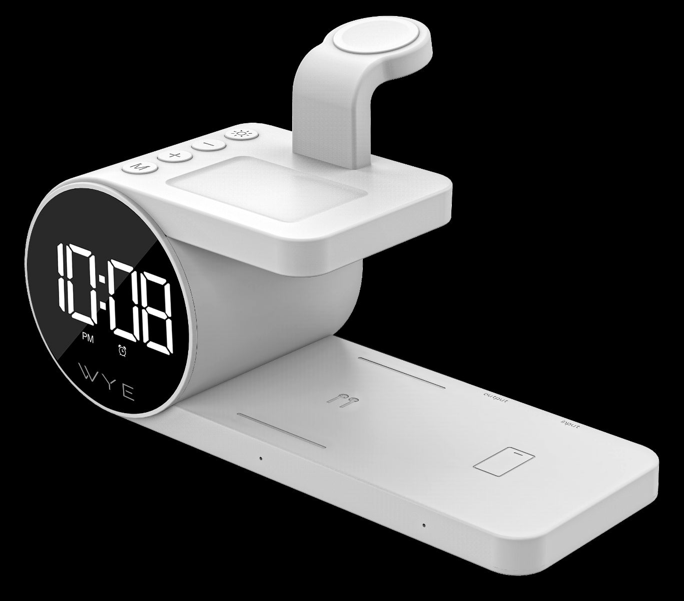 Main Product Shot: White WYEFLUX 5-in-1 Wireless Charging Dock with Digital Clock on a modern nightstand.
