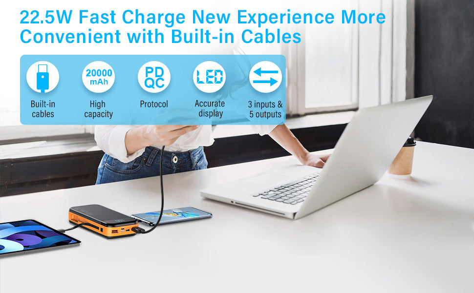 Voltique Hub 19,000mAh Power Bank with 2 Built-in Cables & Digital Display | 22.5W Super Fast Charging | for iPhone  | Fast USA Shipping