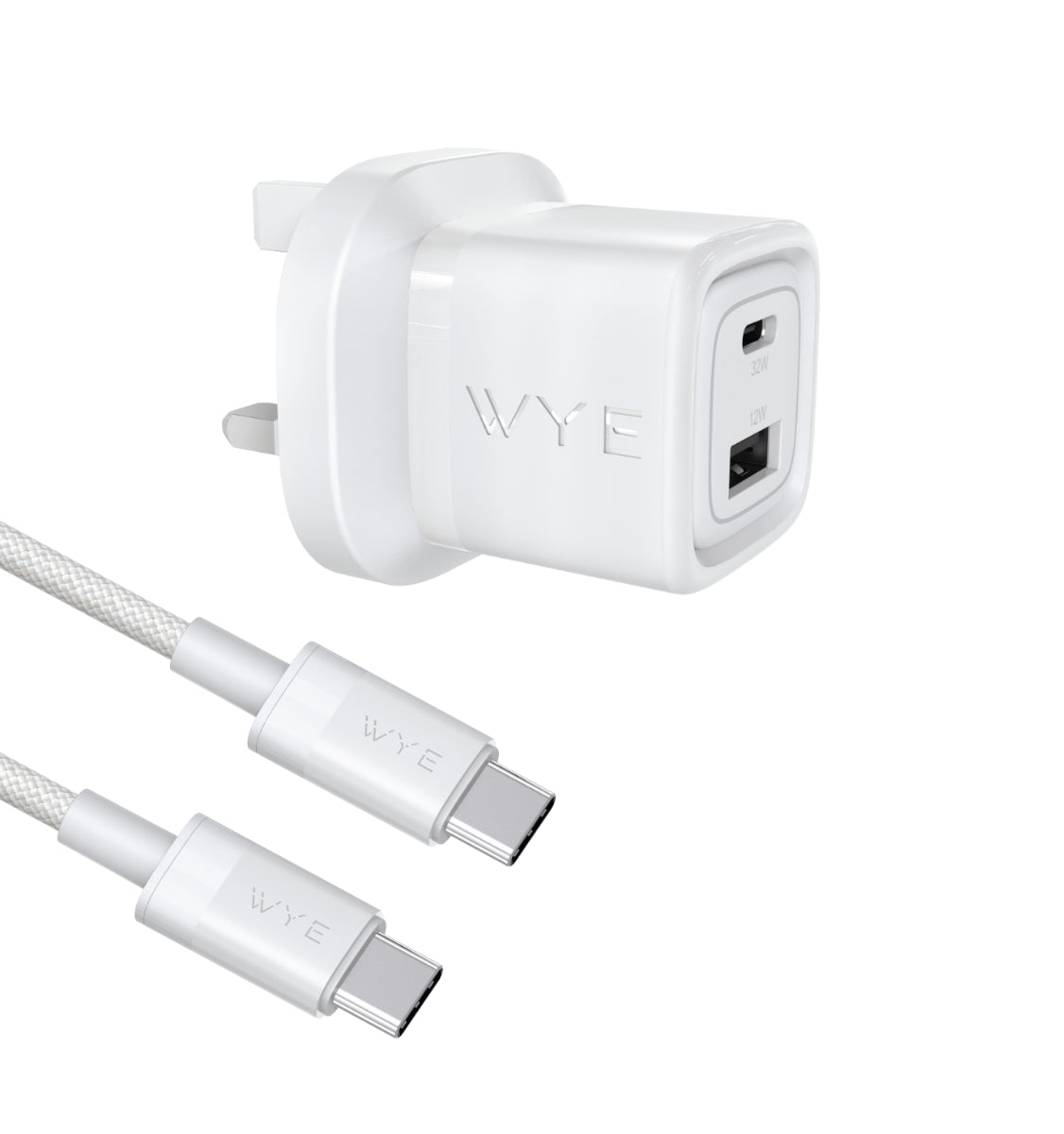 WYEFLUX 32W Gan fast charger with dual USB-C and USB-A ports and included USB-C cable.