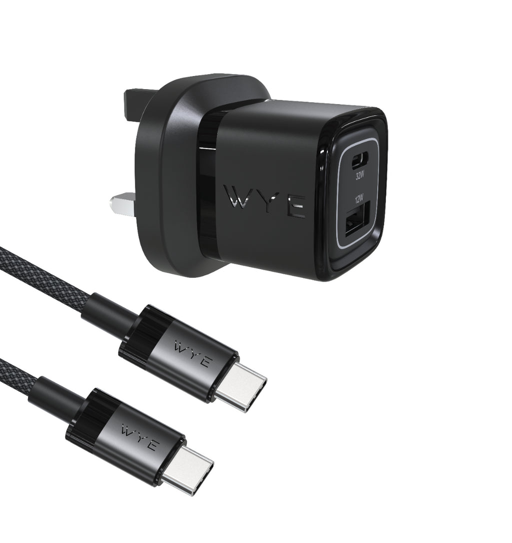 The compact WYEFLUX 25W GaN III wall charger and 240W USB-C cable on a clean, modern background in black.
