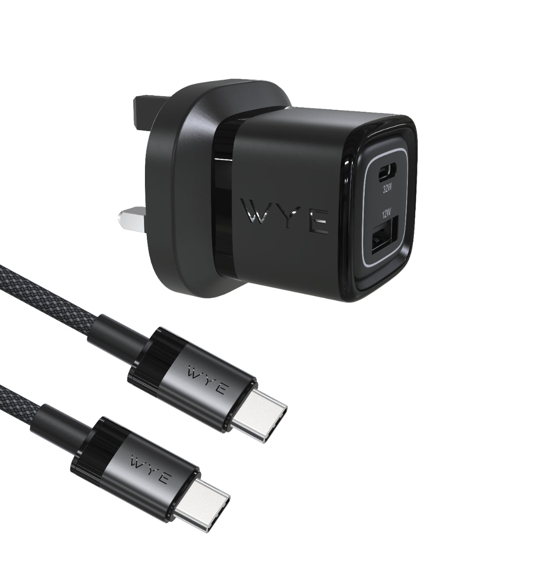 The compact WYEFLUX 25W GaN III wall charger and 240W USB-C cable on a clean, modern background in black.
