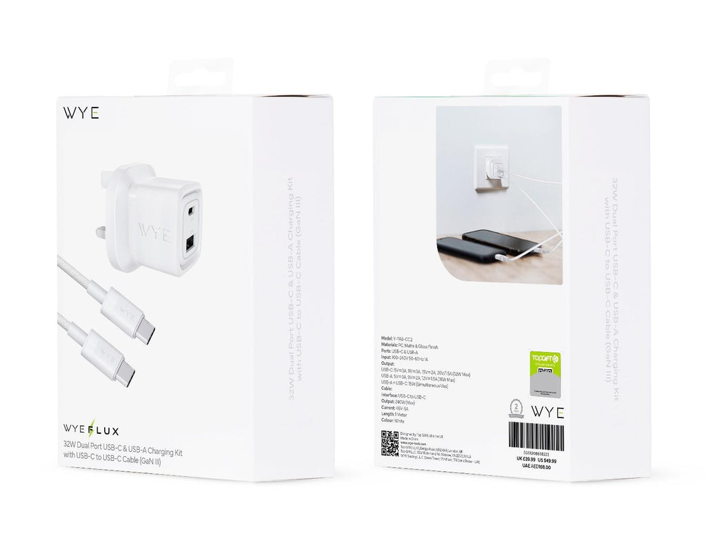 WYEFLUX 32W Dual Port GaN Fast Wall Charger Kit | Compact UK Plug | Includes 240W USB-C Cable