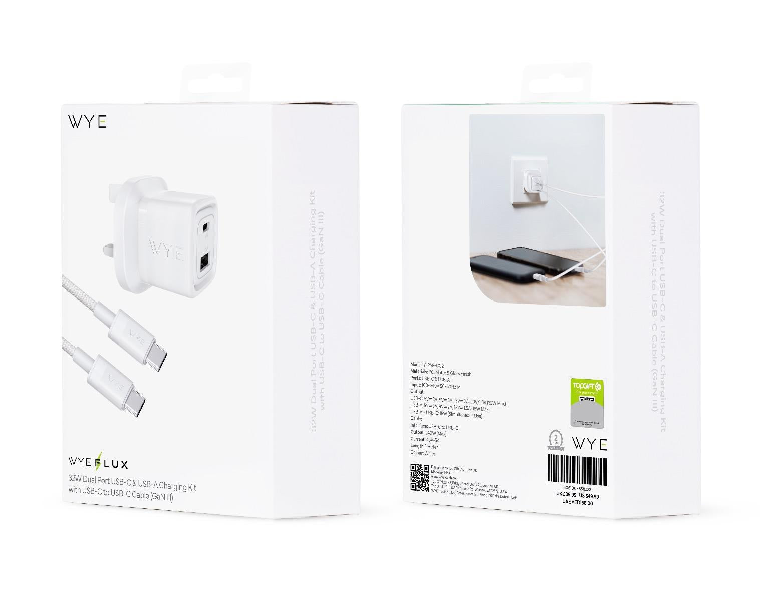 WYEFLUX 32W Dual Port GaN Fast Wall Charger Kit | Compact UK Plug | Includes 240W USB-C Cable