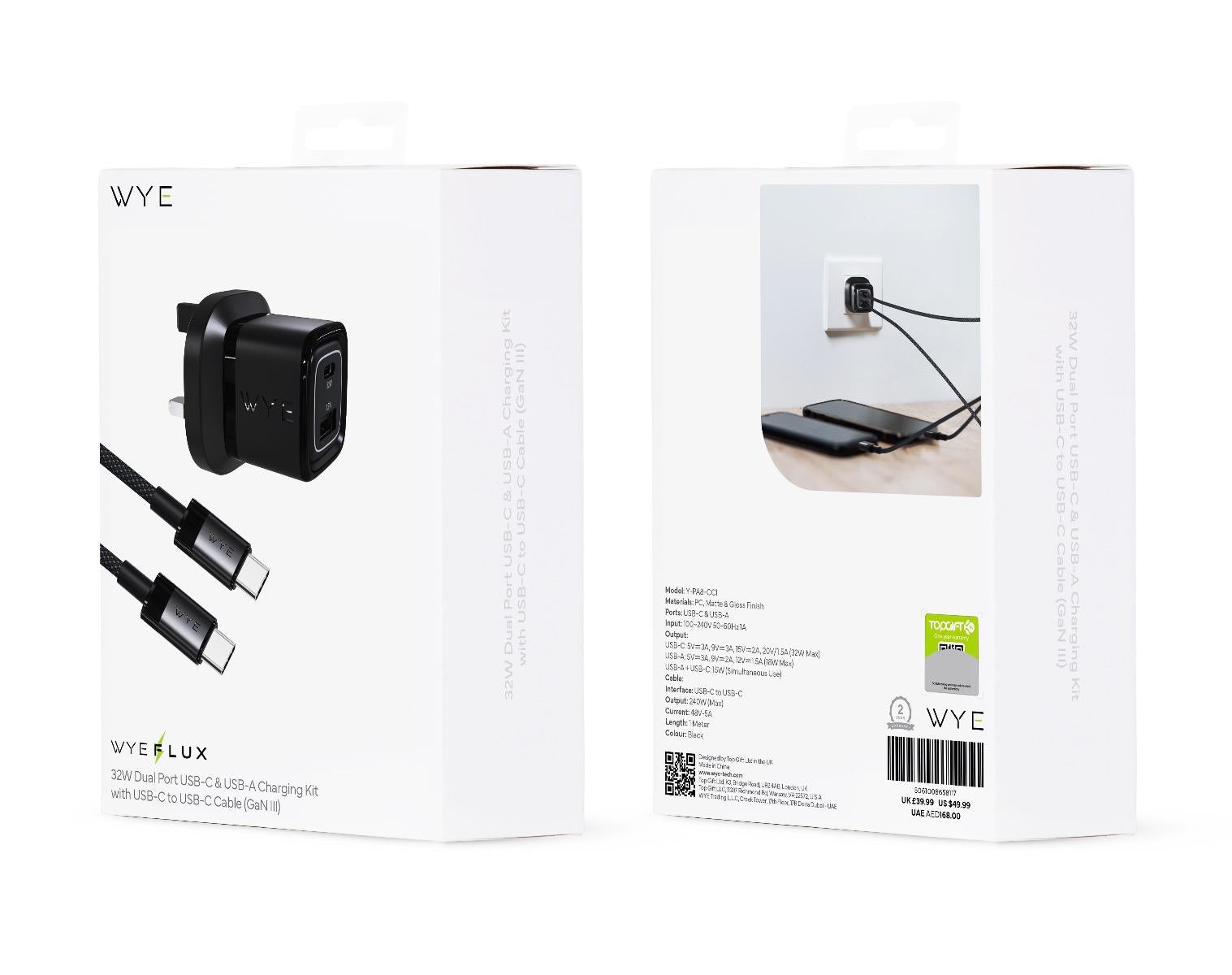 WYEFLUX 25W GaN III Fast Charger Kit | Single USB-C Wall Charger with 240W Cable | Fast 2-5 Day UK Delivery
