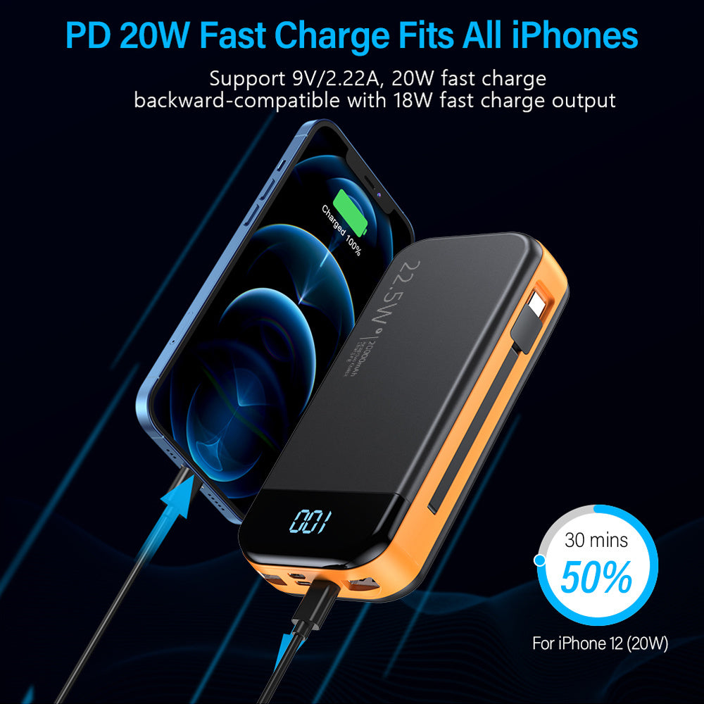 Voltique Hub 19,000mAh Power Bank with 2 Built-in Cables & Digital Display | 22.5W Super Fast Charging | for iPhone  | Fast USA Shipping