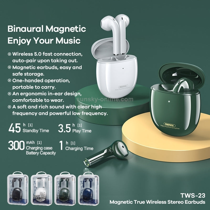 Magnetic Wireless Earbuds with Secure Fit | Bluetooth 5.0, 14H Playtime, Stereo Sound | REMAX Proda TWS-23