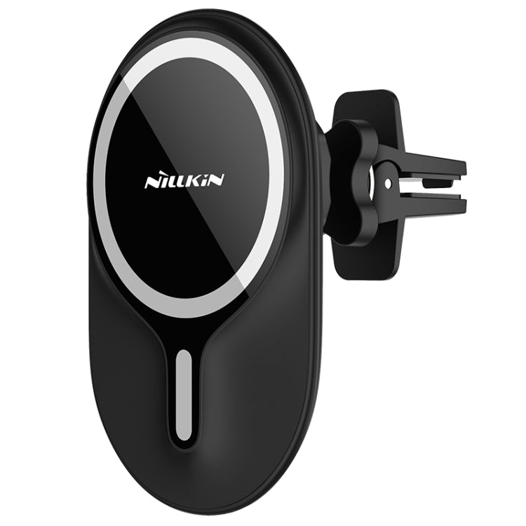 NILLKIN MagRoad Lite magnetic car phone holder attached to a car air vent, holding an iPhone in Black colour.