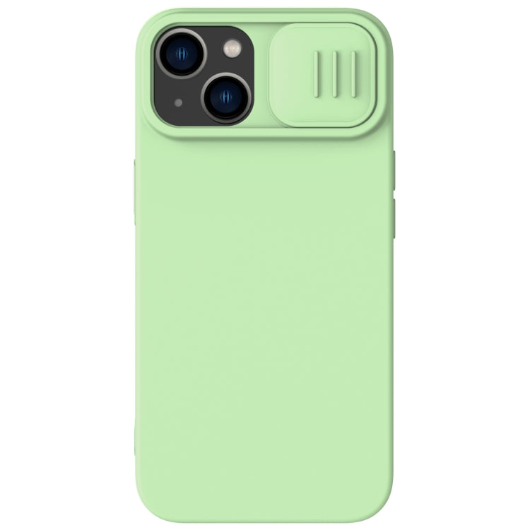 `NILLKIN CamShield case for iPhone iPhone 14  in Green Colour   with the sliding lens cover open, revealing the camera lenses.`