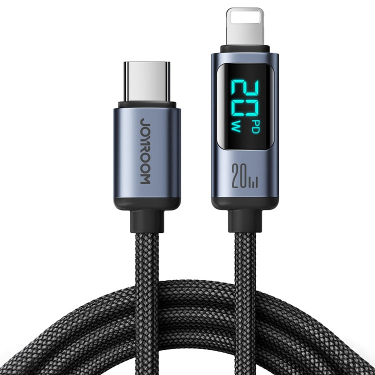 JOYROOM 20W Fast Charging Cable with digital LED display showing voltage and current, with black nylon braiding