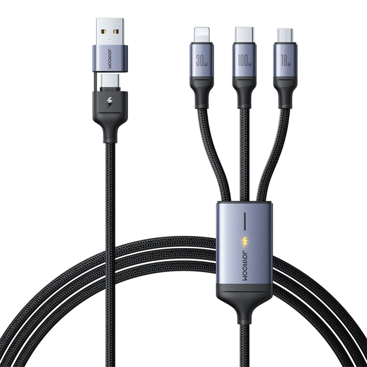 JOYROOM A21 3-in-2 Fast Charging Cable with three connectors: USB-C, Lightning, and Micro USB, featuring a braided nylon design and charging status light in Grey colour.