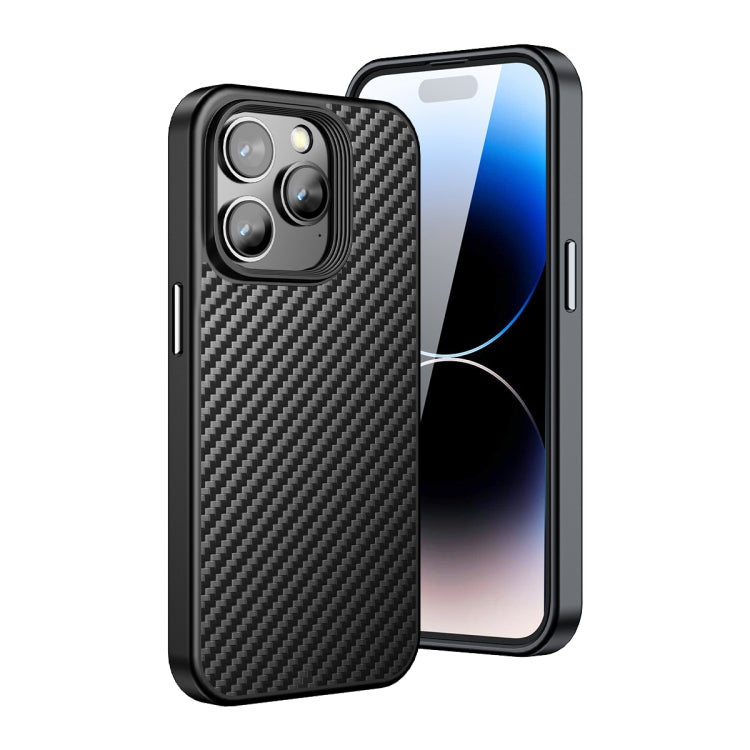 WLONS MagSafe Kevlar Carbon Fibre Case for iPhone 15 Pro in black, showing slim profile and carbon fibre texture in Black colour.