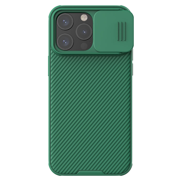 NILLKIN CamShield liquid silicone phone case with slide-to-open camera protection for iPhone 15 Pro Max and iPhone 16 Pro Max. Features MagSafe compatibility. Shown in green colour . 