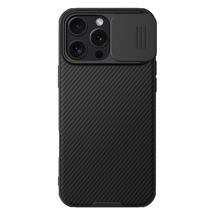 NILLKIN CamShield liquid silicone phone case with slide-to-open camera protection for iPhone 15 Pro Max and iPhone 16 Pro Max. Features MagSafe compatibility. Shown in black colour . 