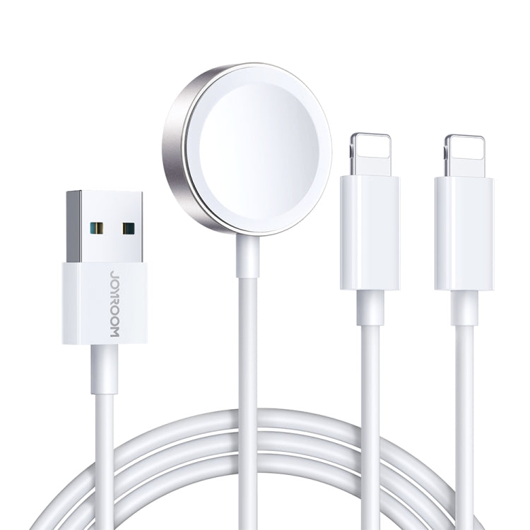 JOYROOM S-IW007 3-in-1 charging cable with zinc alloy connectors, showing dual USB-C and Lightning heads and a magnetic Apple Watch charger in White colour.