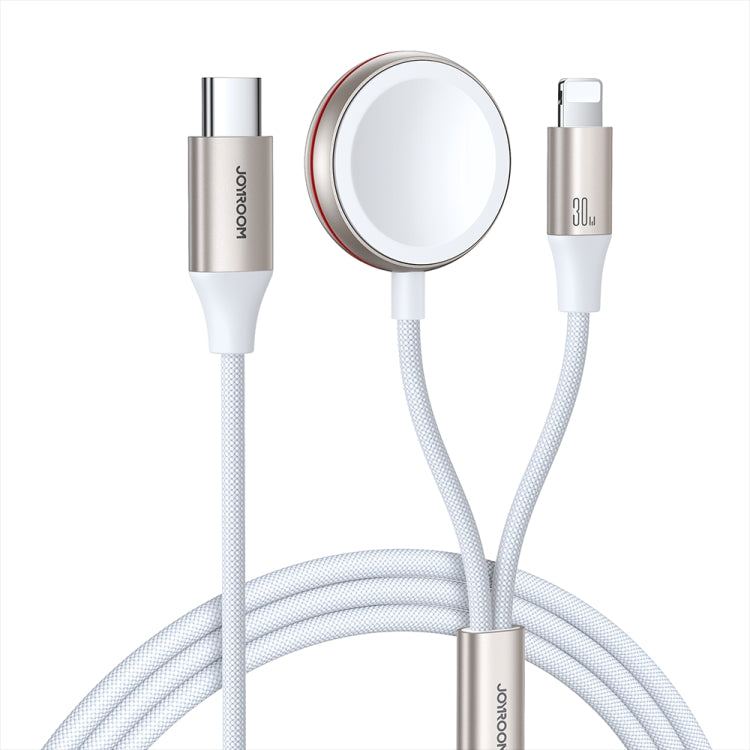 JOYROOM S-IW012 2-in-1 Magnetic Apple Watch Charger and 30W USB-C Cable shown with a black nylon braided design and aluminium connectors in White colour.
