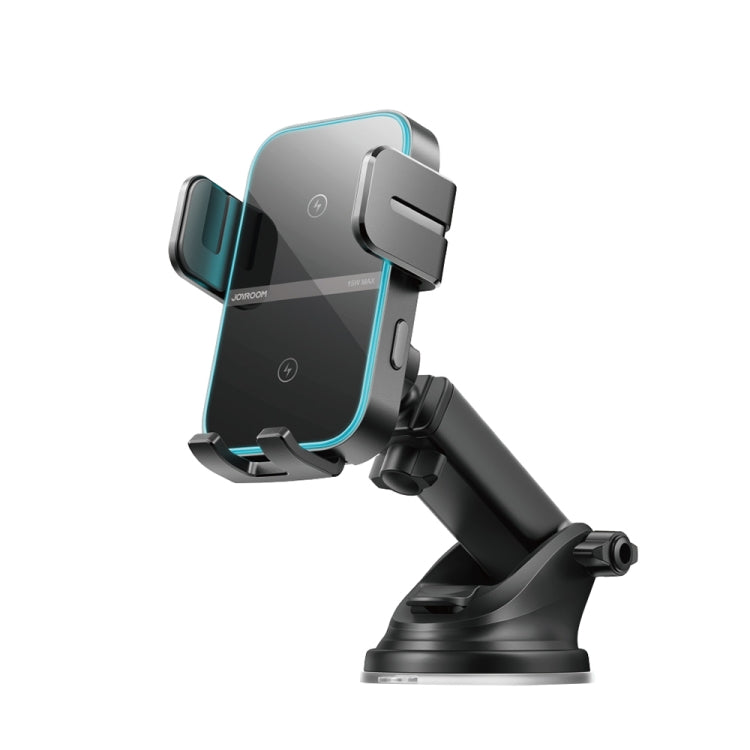 JOYROOM dual coil wireless car charger holder mounted on a car dashboard, charging a smartphone