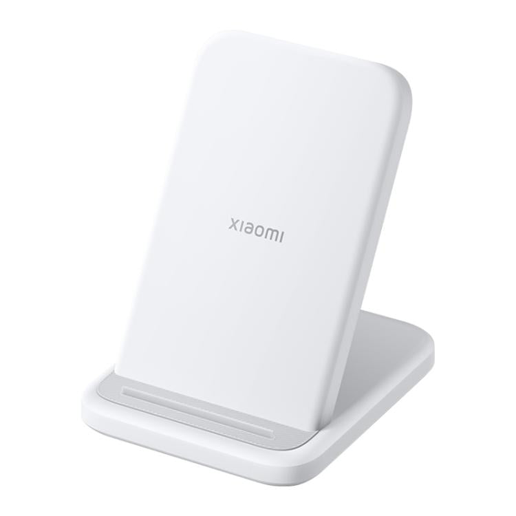 Original Xiaomi 30W Vertical Wireless Charger Stand holding an iPhone in portrait orientation in White colour.