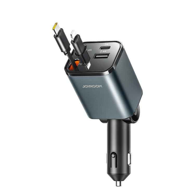 JOYROOM CCL05 4-in-1 retractable car charger with built-in USB-C port, USB-A port, and retractable cables in a compact black design
