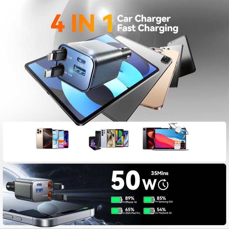 4-in-1 Retractable Car Charger | 30W PD/QC Fast Charge for 4 Devices Simultaneously | 80cm Cable | JOYROOM CCL05