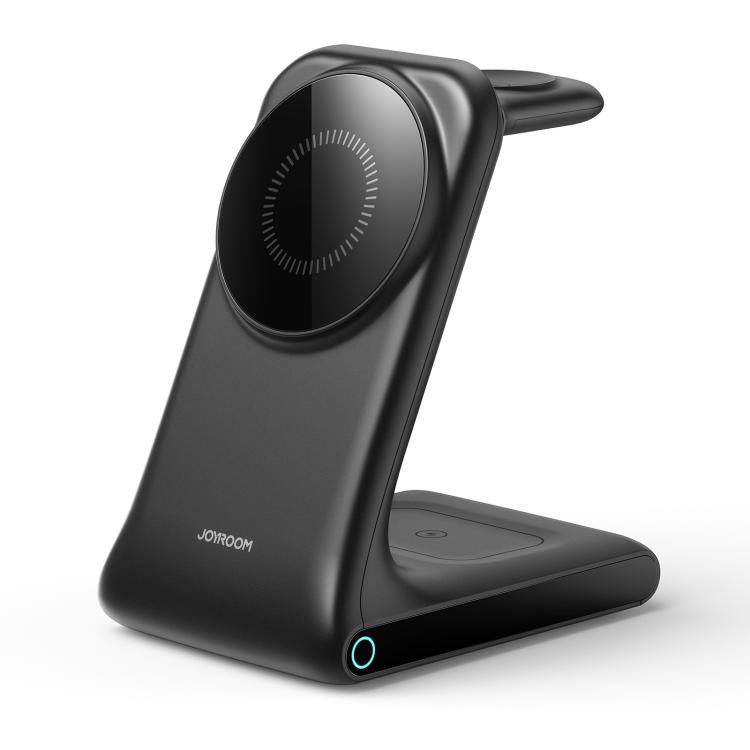 JOYROOM JR-W15 3-in-1 magnetic wireless charging stand holding a phone, smartwatch, and earbuds in black colour.