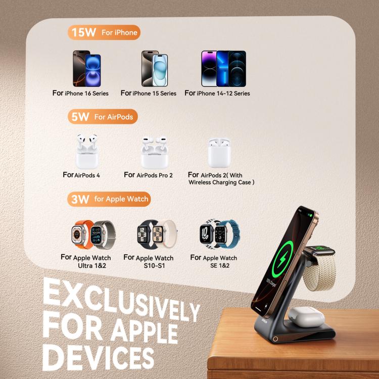3-in-1 Magnetic Wireless Charging Stand | Fast Charge for Phone, Watch, Earbuds | JOYROOM JR-W15