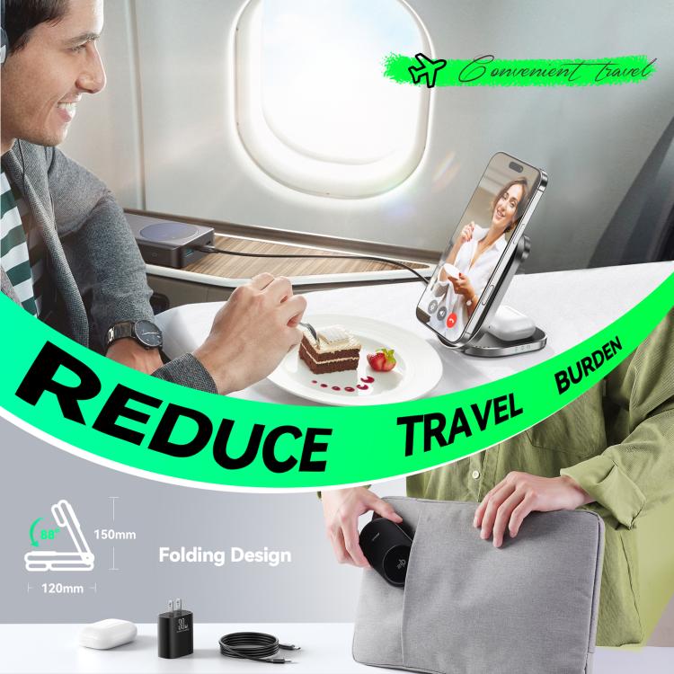 Qi2 Magnetic 3-in-1 Wireless Charging Stand | 15W Fast Charging for iPhone, Apple Watch, AirPods | Foldable Travel Design