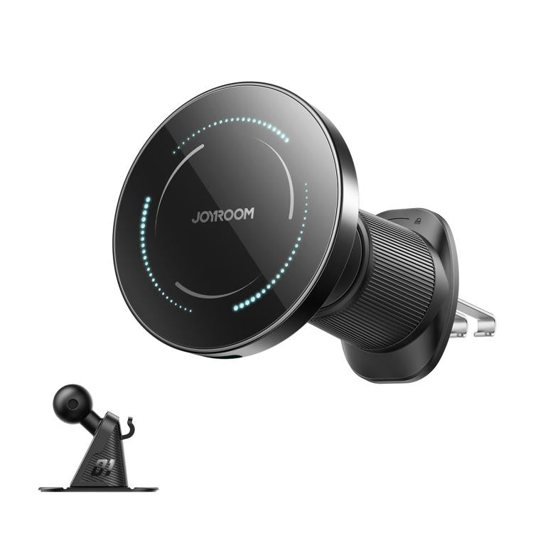 JOYROOM 15W Magnetic Wireless Car Charger Holder mounted on a car air vent, charging an iPhone in Black colour.