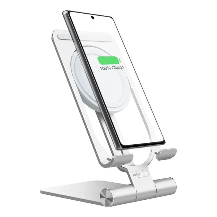 NILLKIN Power Hold Mini 2-in-1 wireless charger and stand in black, shown in a vertical position in Silver colour.