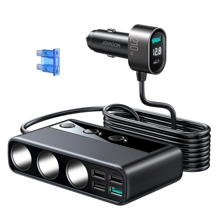 JOYROOM JR-CL06 9-in-1 210W car charger with digital display, showing front USB ports and rear hub with cigarette lighters in Black colour.