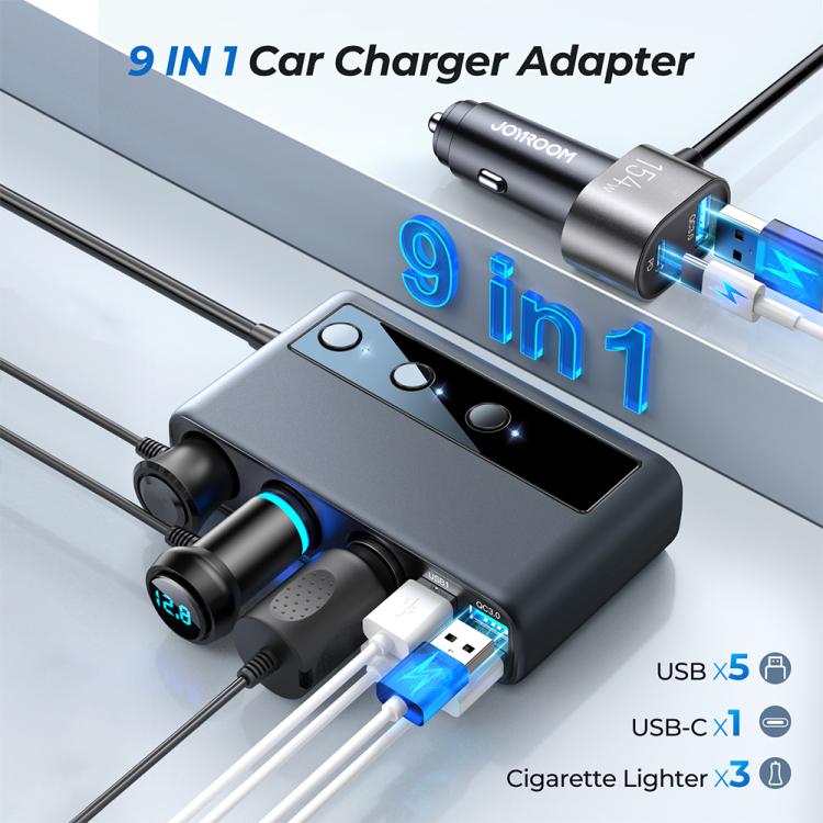 9-in-1 Car Charger with Digital Display | Multi-Port Hub for Front & Rear Seat Charging | JOYROOM JR-CL06