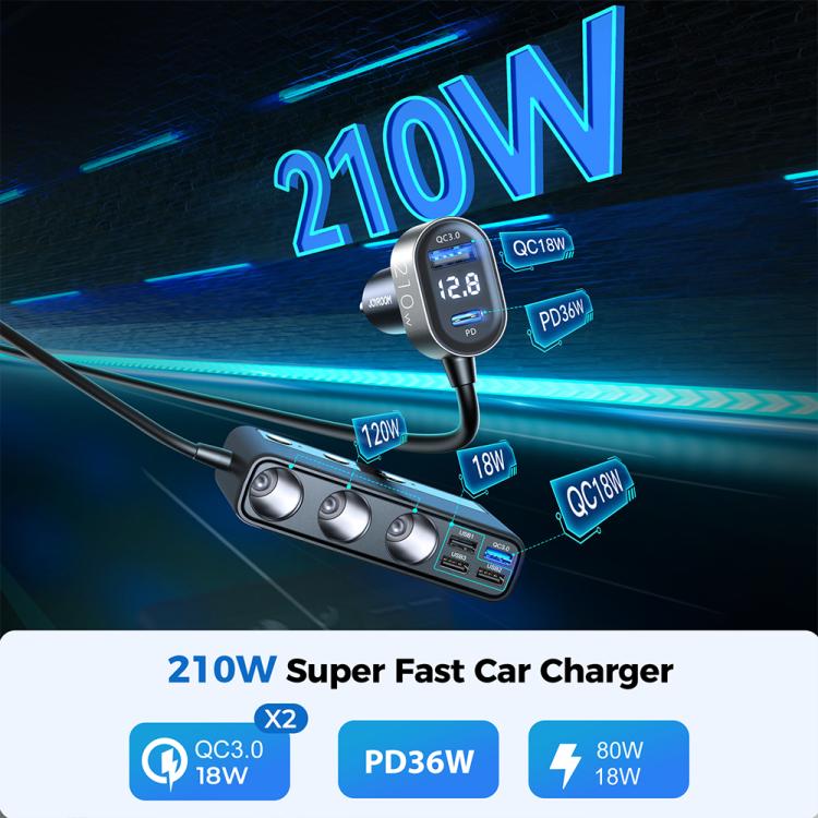 9-in-1 Car Charger with Digital Display | Multi-Port Hub for Front & Rear Seat Charging | JOYROOM JR-CL06