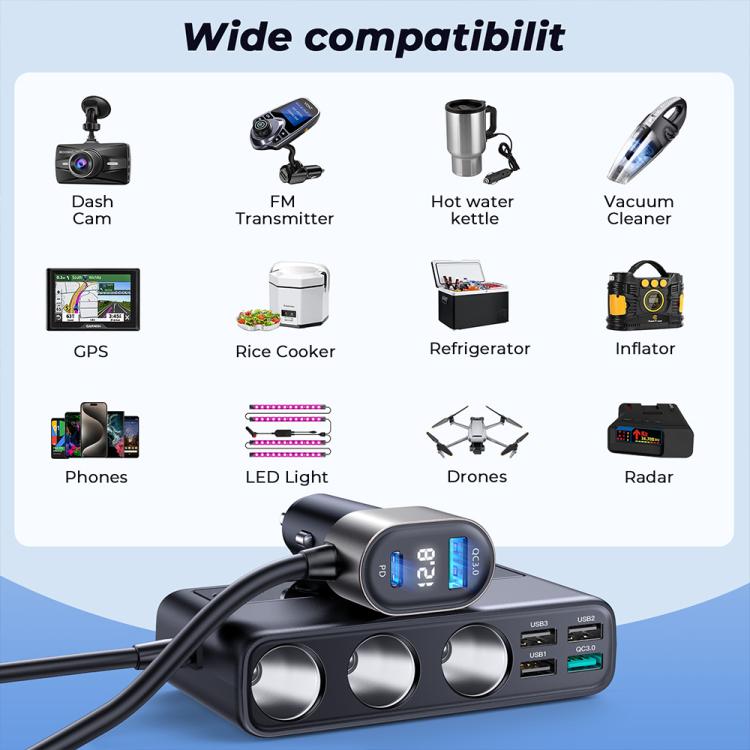 9-in-1 Car Charger with Digital Display | Multi-Port Hub for Front & Rear Seat Charging | JOYROOM JR-CL06