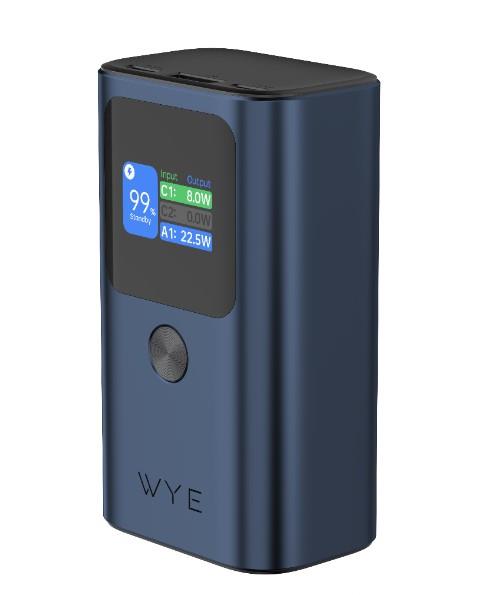 Sleek dark blue WYEFLUX mini power bank with LED display showing battery percentage