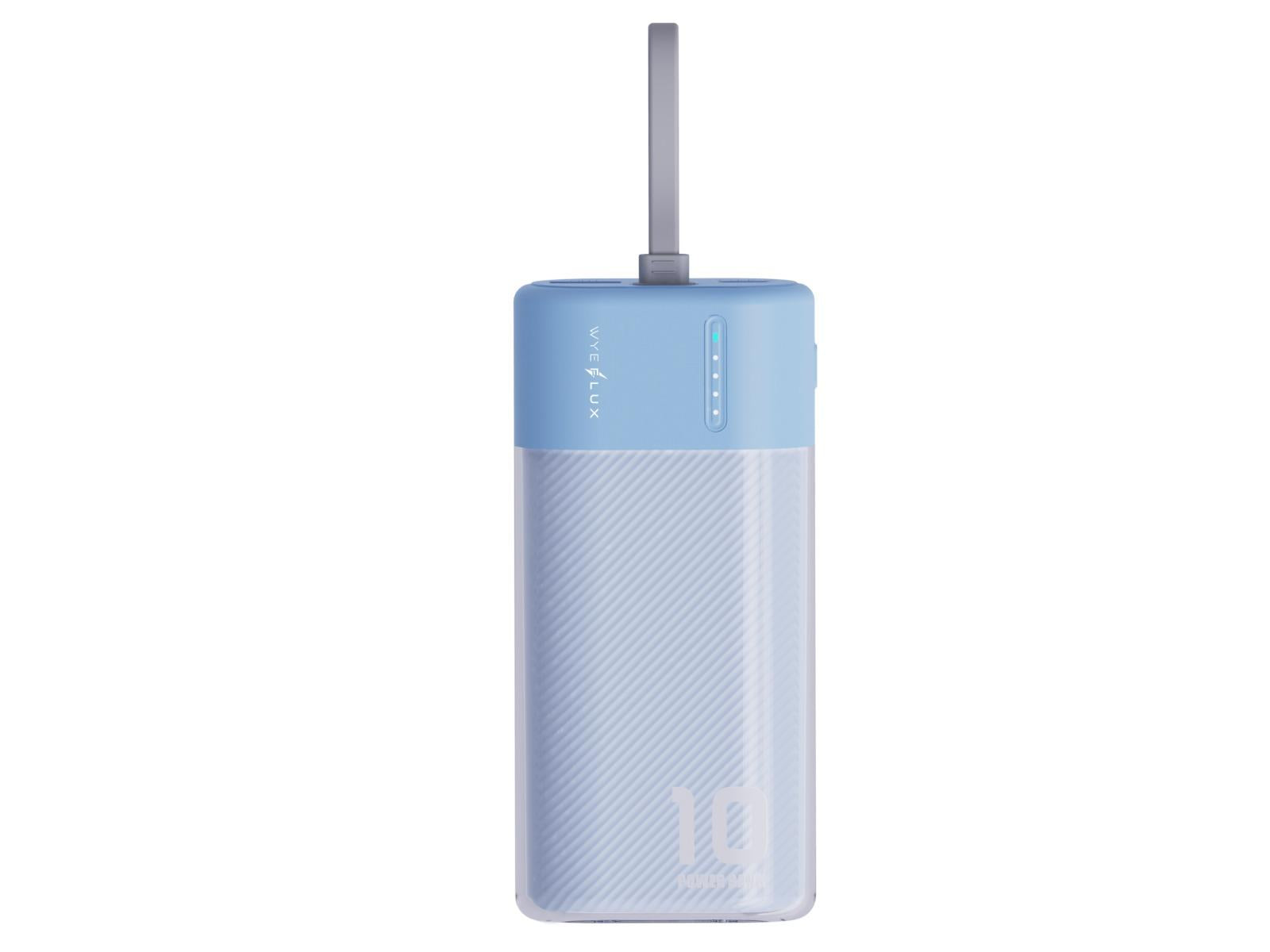 Blue WYEFLUX mini power bank displayed on plain white background