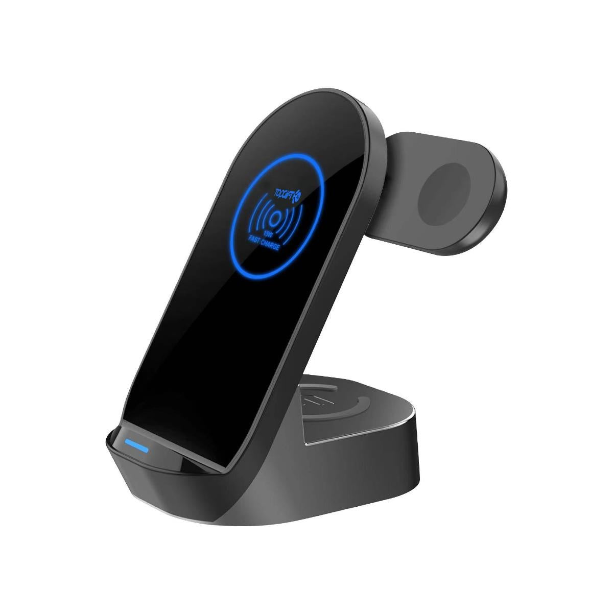 WYEFLUX 3-in-1 wireless charging stand holding iPhone, Apple Watch, and Air Pods in portrait mode