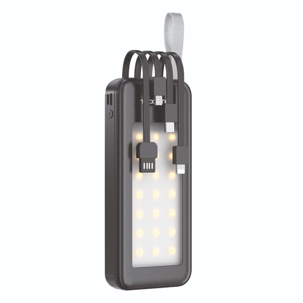 WYEFLUX power bank with all three built-in cables extended and LED light activated