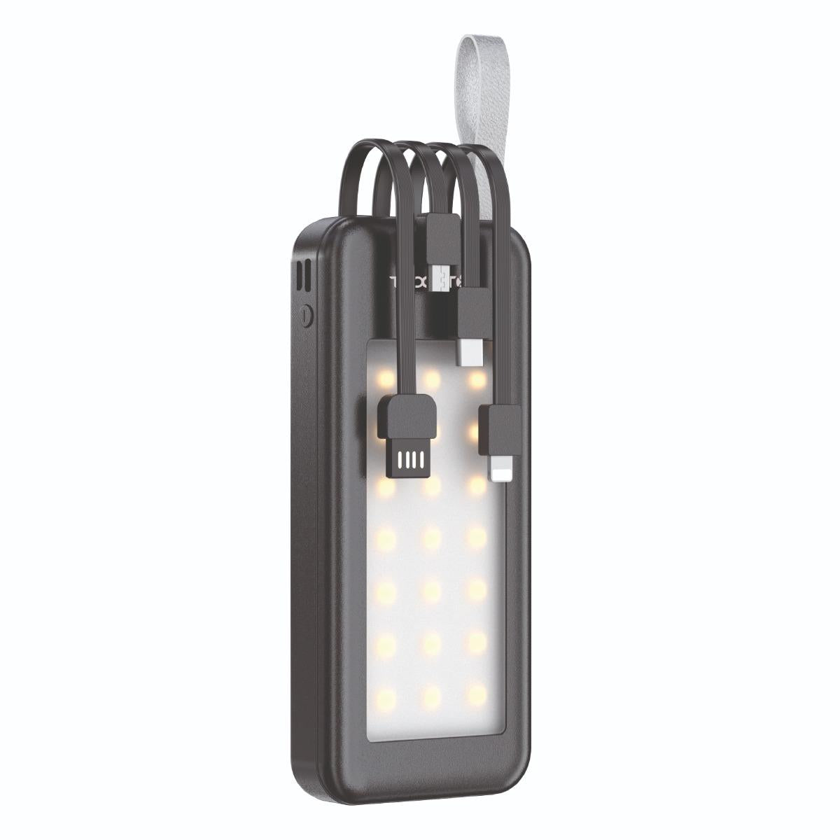 WYEFLUX power bank with all three built-in cables extended and LED light activated